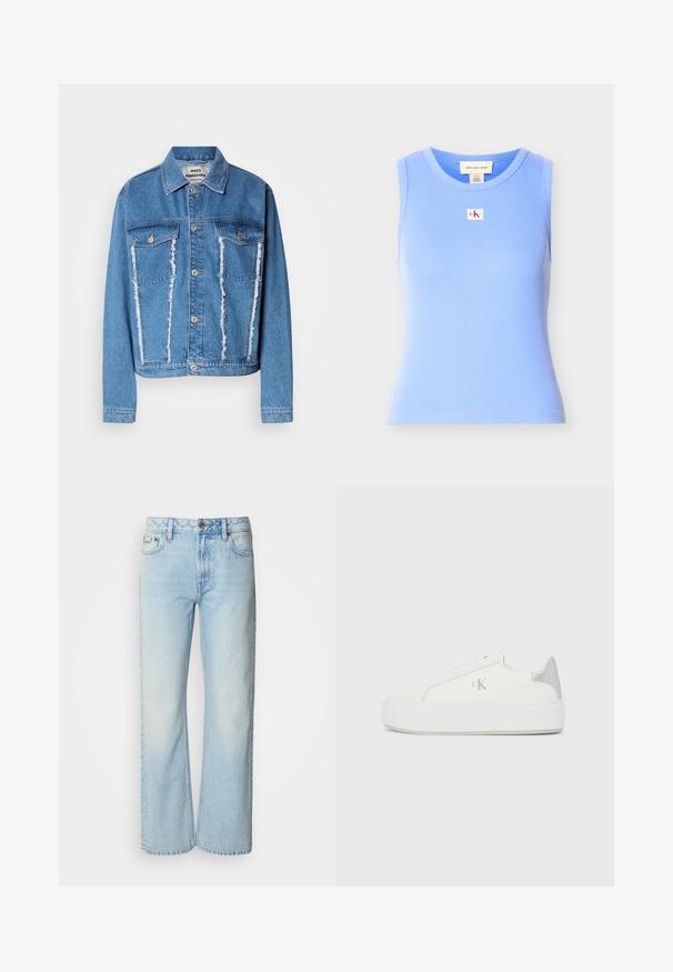 Leren spijkerjack in lichtblauw, met een klassieke kraag, een versleten voorkant, twee borstzakken en zilverkleurige knopen. Lange mouwen.; Mouwloze lichtblauwe geribbelde tanktop met ronde hals en een kleine Calvin Klein Jeans logo patch in het midden van de borst.; Lichtblauwe wijde jeans van denim, voorzien van een klassiek vijf-pocket ontwerp en een subtiele vervaagde textuur. Denimstiksels zijn zichtbaar.; Witte canvas sneakers met een dikke witte zool, voorzien van een metallic zilveren accent op de hiel en een subtiel logo detail aan de zijkant.