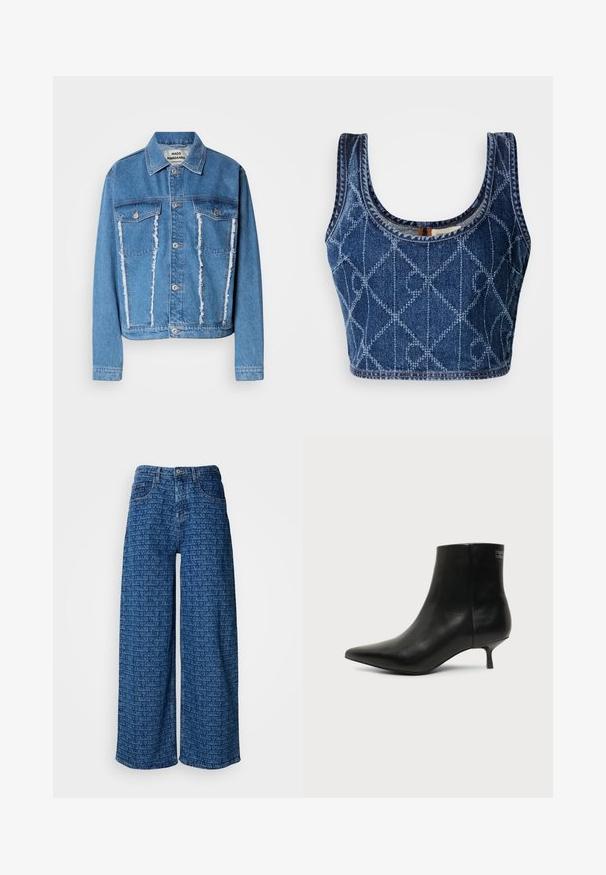 Denimjakke i lyseblå, med klassisk krave, slidte forside, to brystlommer og sølvfarvede knapper. Lange ærmer.; Denim crop top med en rund udskæring, der har et diamantmønster syet i lysere blå, og afsluttede kanter med kontrasttråd.; Bredde ben, blå denim jeans med et gentaget præget logo-mønster. Har et klassisk fem-lomme design og knaplukning.; Sort læder ankelstøvle med spids tå og lav kitten hæl på lys baggrund, der viser yderside.