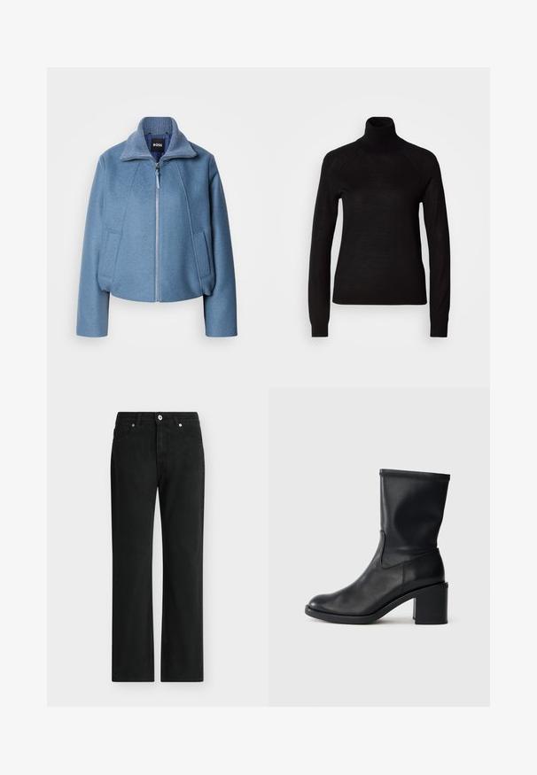 Blå cropped jakke med krave, lavet af blødt stof. Har en frontlynlås og to sidelommer. Teksturdetalje på kraven.; Sort turtleneck sweater lavet af et let strikket stof. Har lange ærmer og en tætsiddende silhuet med raglan-sømme.; Sorte jeans med lige ben, foran med knap og lynlås, design med fem lommer og bæltestropper.; Sort læder ankelstøvle med rund tå, glat tekstur og en grov hæl, der har et tætsiddende skaft og subtil syning.