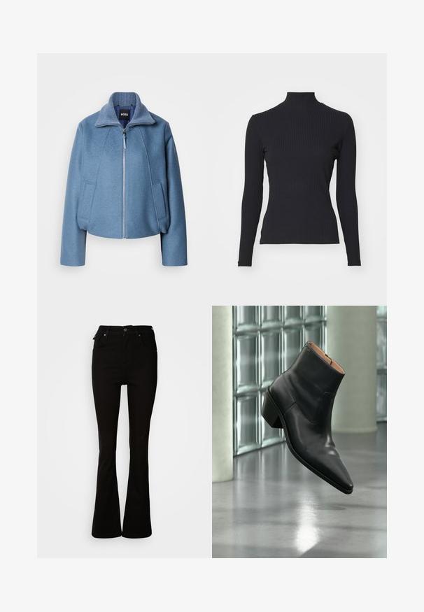 Blå cropped jakke med krave, lavet af blødt stof. Har en frontlynlås og to sidelommer. Teksturdetalje på kraven.; Sort ribbet turtle-sweater med lange ærmer. Lavet af strækbart stof med en tætsiddende pasform og høj krave. Enkel design uden udsmykninger.; Sorte flare jeans lavet af denim, med høj talje, forlommer og et klassisk fem-lomme design med metalhardware detaljer.; Sort læderankelstøvle med spids tå og blokhæl, der svæver over en reflekterende grå gulv nær en væg af glasblokke.