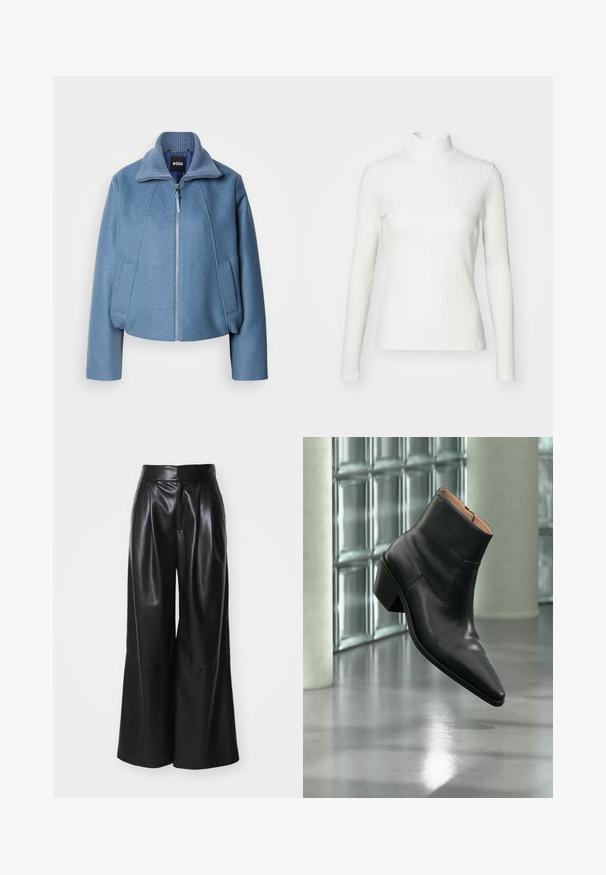 Blå cropped jakke med krave, lavet af blødt stof. Har en frontlynlås og to sidelommer. Teksturdetalje på kraven.; Hvid ribbet turtleneck blouse med lange ærmer, lavet af elastisk stof. Har et tætsiddende design og høj hals for god dækning.; Sorte faux læder brede bukser med høj talje, plisseret foran og glat tekstur. Har et rent, minimalistisk design.; Sort læderankelstøvle med spids tå og blokhæl, der svæver over en reflekterende grå gulv nær en væg af glasblokke.