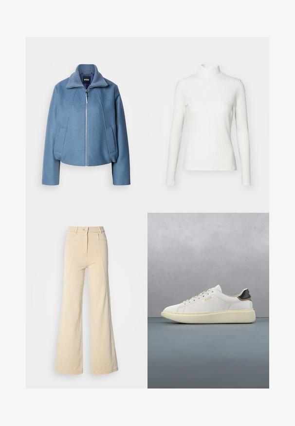 Blå cropped jakke med krave, lavet af blødt stof. Har en frontlynlås og to sidelommer. Teksturdetalje på kraven.; Hvid ribbet turtleneck blouse med lange ærmer, lavet af elastisk stof. Har et tætsiddende design og høj hals for god dækning.; Beige vidde jeans med høj talje, forlommer og kontrasterende syninger, udstyret med en knaplukning og en glat bomuldsstruktur.; Hvide sneakers med en glat læderoverdel, har en tan- og sort læderhælbrik, runde snørebånd og en kraftig beige gummisål. Guld logo detaljer.