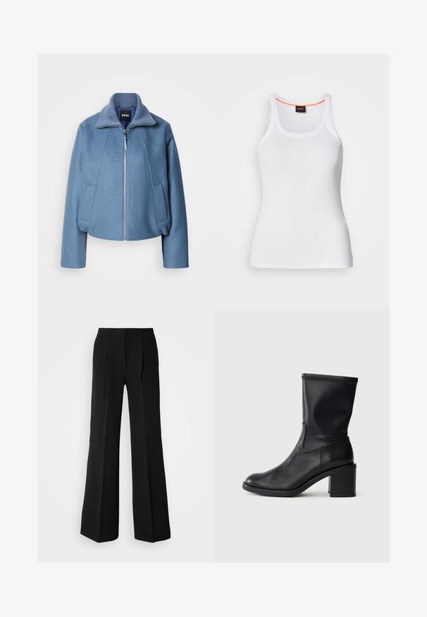 Blå cropped jakke med krave, lavet af blødt stof. Har en frontlynlås og to sidelommer. Teksturdetalje på kraven.; Hvid ribstrikket tanktop med rund halsudskæring, der har et smalt stropdesign og en orange detalje langs den indvendige halskant. Brandlogo vist.; Sorte bukser lavet af glat stof, med høj talje, bred ben silhuet og to frontfolder for ekstra design detaljer.; Sort læder ankelstøvle med rund tå, glat tekstur og en grov hæl, der har et tætsiddende skaft og subtil syning.