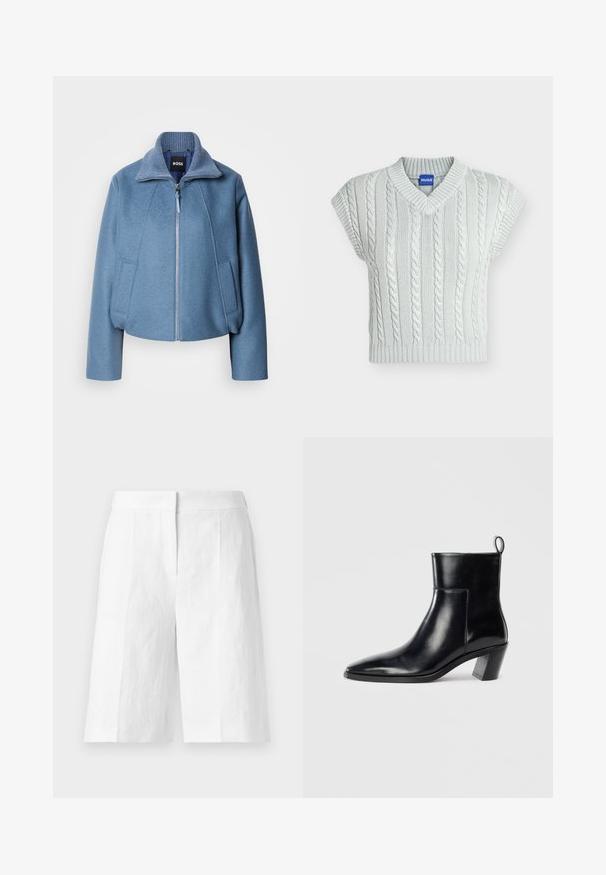 Blå cropped jakke med krave, lavet af blødt stof. Har en frontlynlås og to sidelommer. Teksturdetalje på kraven.; Lysegrå ærmeløs kabelstrikket sweatervest med V-hals og ribkant, med en lille blå "HUGO"-label ved kraven.; Hvide knælange skræddersyede shorts med høj talje og forreste læg, vist fladt mod en lys baggrund.; Sort læder ankelstøvle med spids tå, geometrisk stablet hæl og en løftestrop bagpå. Glat tekstur og slankt design.