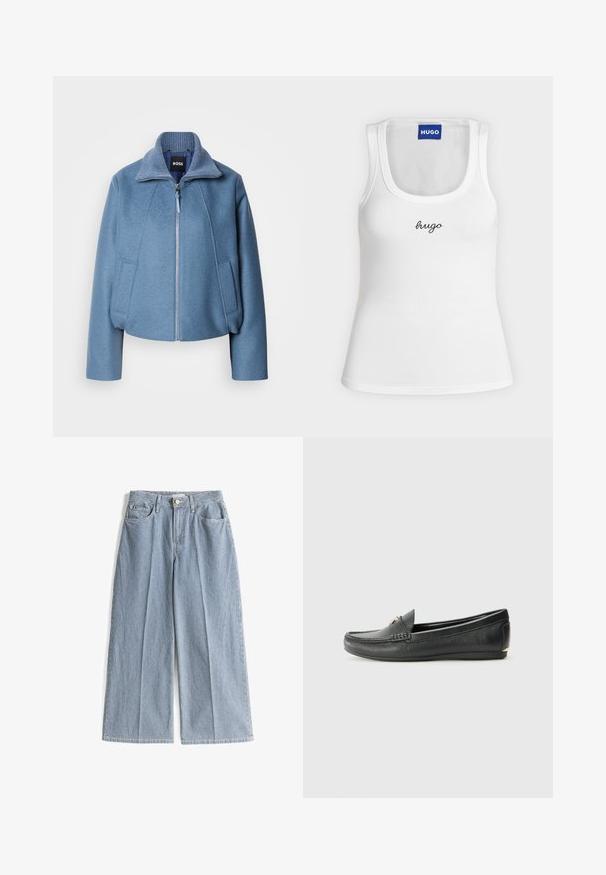 Blå cropped jakke med krave, lavet af blødt stof. Har en frontlynlås og to sidelommer. Teksturdetalje på kraven.; Hvid ærmeløs tanktop med rund halsudskæring, "hugo" broderet i sort skrift midt på brystet og blå HUGO-label inde i kraven.; Breddebenet, vertikalt stribede bukser i blå og hvid med denimstruktur. Har en forreste knaplukning og to sideskåner.; Sorte læder loafers med en struktureret overflade, let afrundet tå, dekorativ syning og en guldfarvet detalje foran.