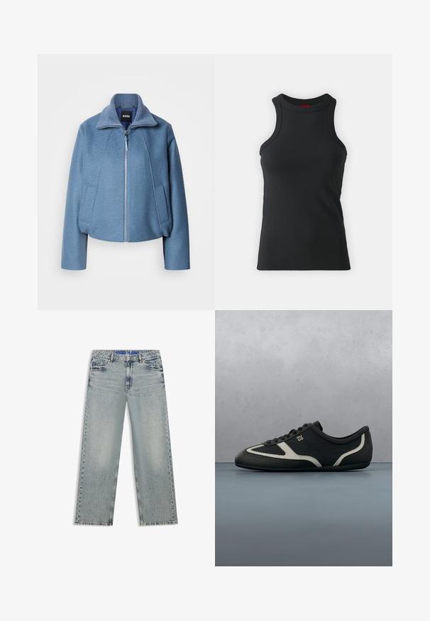 Chaqueta corta azul con cuello, hecha de una tela suave. Presenta un cierre frontal y dos bolsillos laterales. Detalle texturizado en el cuello.; Camiseta sin mangas negra hecha de una tela elástica. Presenta un cuello redondo y una silueta ajustada con detalles de costura mínimos.; Vaqueros de pierna ancha de color azul claro hechos de denim, con zonas desgastadas, cinco bolsillos y una cinturilla azul con marca.; Zapatilla negra con empeine de cuero texturizado, acentos grises contrastantes, puntera redonda y suela plana. Cuenta con cordones y logo de la marca en el lateral.