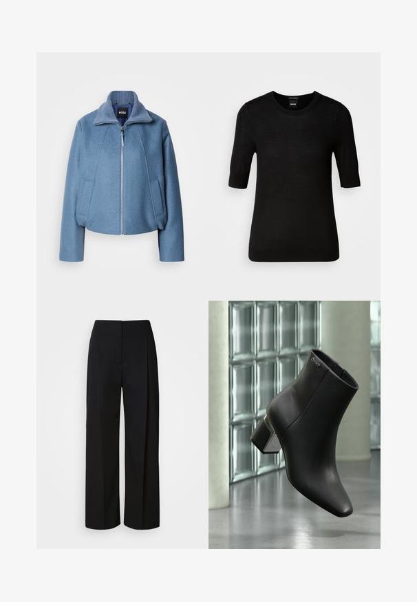 Blå cropped jakke med krave, lavet af blødt stof. Har en frontlynlås og to sidelommer. Teksturdetalje på kraven.; Sort T-shirt med korte ærmer lavet af fin merinould. Rund halsudskæring, slim fit, glat tekstur, minimalt design, ingen synlige mønstre eller accenter.; Sorte højhåndede bukser med vide ben, skjult frontlukning, tilpassede syninger og et glat, struktureret stof.; Sort læderankelstøvle med blokhæl, DKNY-logo nær toppen, vist foran en glasblokvæg og poleret betongulv.