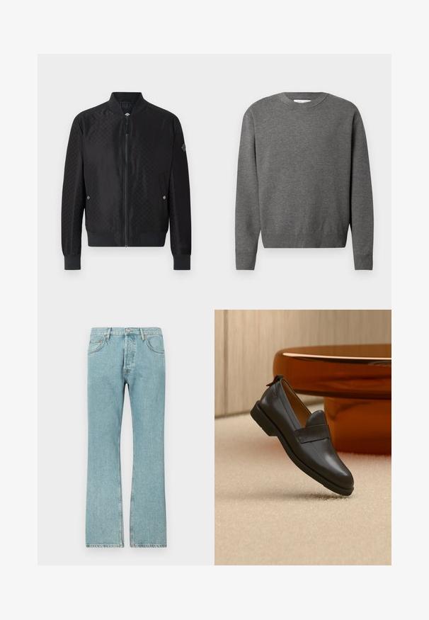 JOOP! ADAMS - Bomberjakke - black; Grå crewneck sweater lavet af blødt strikket stof. Har lange ærmer og ribbede manchetter og kant. Minimalistisk design uden synlige logoer.; Lysblå denimjeans med lige ben-design, der har fem lommer og en knaplukning. Synlige sømme og frynsedetaljer i kanten.; Sort læderloafer med lav hæl svævende over beige tæppe ved siden af et blankt ravfarvet bord i et minimalistisk rum.