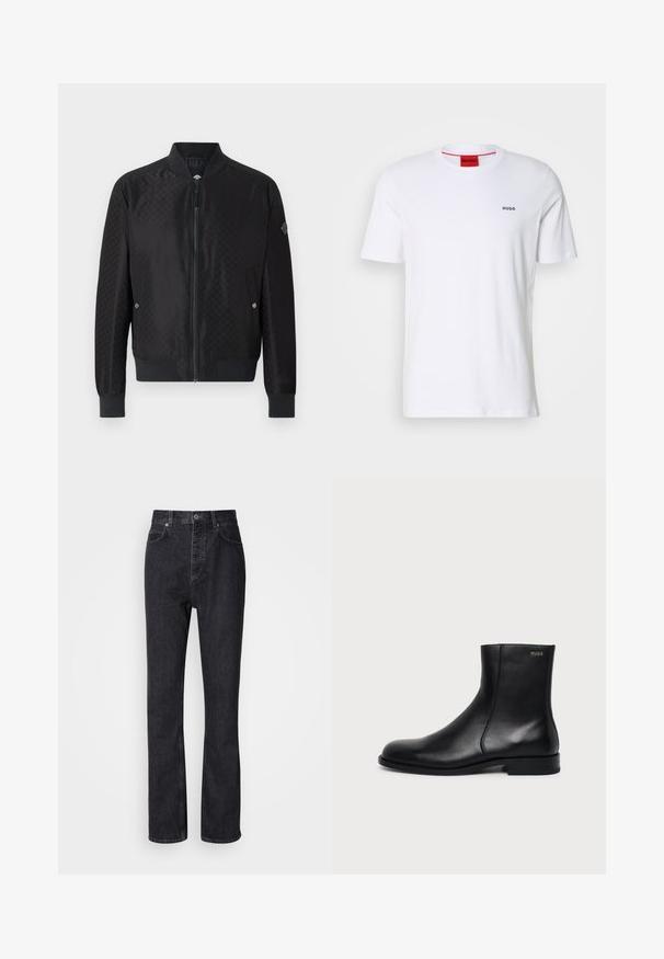 JOOP! ADAMS - Chaquetas bomber - black; Camiseta de algodón blanca de mangas cortas, con un escote redondo y pequeño logo negro "HUGO" en el lado izquierdo del pecho. Presenta una etiqueta en el cuello interior de color rojo.; Jeans de mezclilla negros de cintura alta con cierre de botón y cremallera, bolsillos frontales y traseros, y corte recto.; Botín negro de cuero con tacón bajo, costura lateral y pequeño logo "HUGO" en el puño superior sobre un fondo liso.