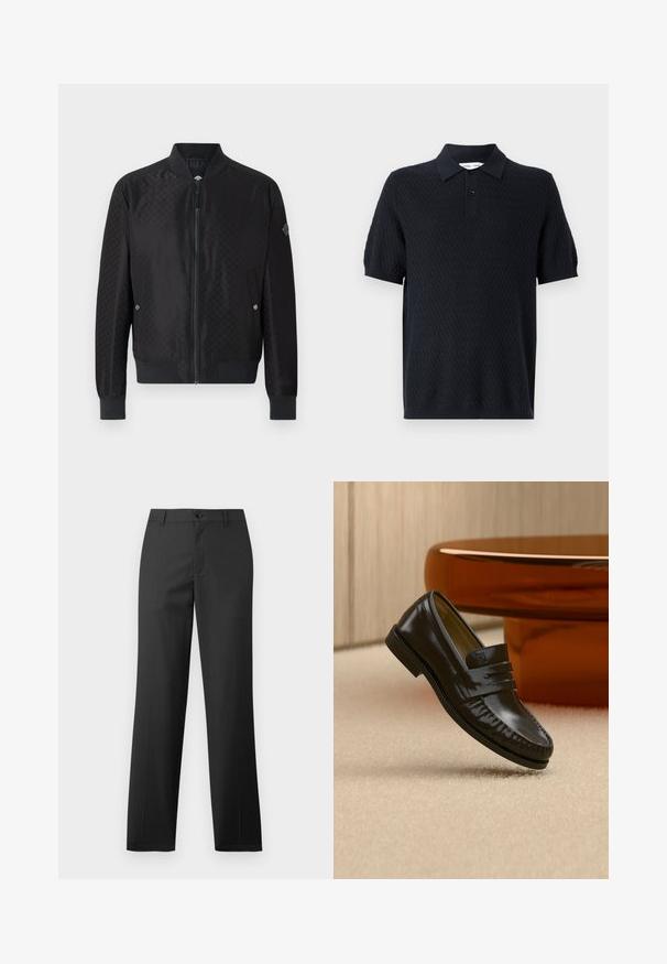 JOOP! ADAMS - Bomberjakke - black; Sort polo t-shirt med et struktureret zigzagmønster, korte ærmer og en krave med to knapper. Lavet af et åndbart stof.; Samsøe Samsøe SAJOHNNY TROUSERS - Bukser - turkish coffee; Skinnende sort læderloafer med remdetalje, placeret på beige tæppe nær et rundt brunt sofabord i et blødt oplyst rum.