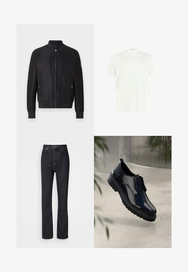 JOOP! ADAMS - Blouson Bomber - black; T-shirt blanc à col rond en tissu doux. Manches courtes, sans motifs. Design simple avec un ourlet droit et des détails minimalistes.; Jean en denim noir taille haute avec fermeture à bouton et à glissière, poches avant et arrière, et coupe droite.; Chaussure en cuir noir avec une finition brillante, bout rond, design à lacets, surpiqûres contrastantes, et semelle épaisse en caoutchouc avec motifs de relief.