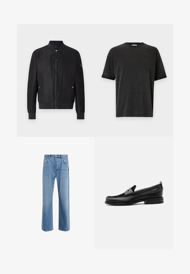 JOOP! ADAMS - Bomberjakke - black; Sort kortærmet t-shirt med rund hals, afslappet pasform og opfoldede ærmer. Lavet af blødt bomuldsstof med en let tekstur.; Lyseblå denim jeans med lige ben-design, fem lommer, knaplukning, minimal falming og kontraststingdetaljer.; Sort læderloafer med grå remdetalje, lav hæl og tekstureret sål, mærket med "HUGO" i guld på siden.