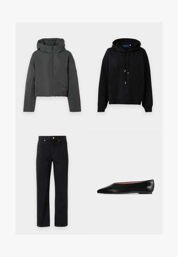 Veste en duvet courte gris anthracite avec capuche, fermeture éclair avant et manches longues, présentée sur un fond blanc.; Hoodie noir en tissu doux, avec une capuche à cordon de serrage, des accents en métal argenté, des bords côtelés et un design décontracté.; Jean en denim noir avec une coupe droite, design cinq poches, détails en bouton cuivré et couture minimale visible.; Chaussure plate en cuir noir pour femme, avec bout pointu et petit talon, vue de côté sur un fond gris clair uni.