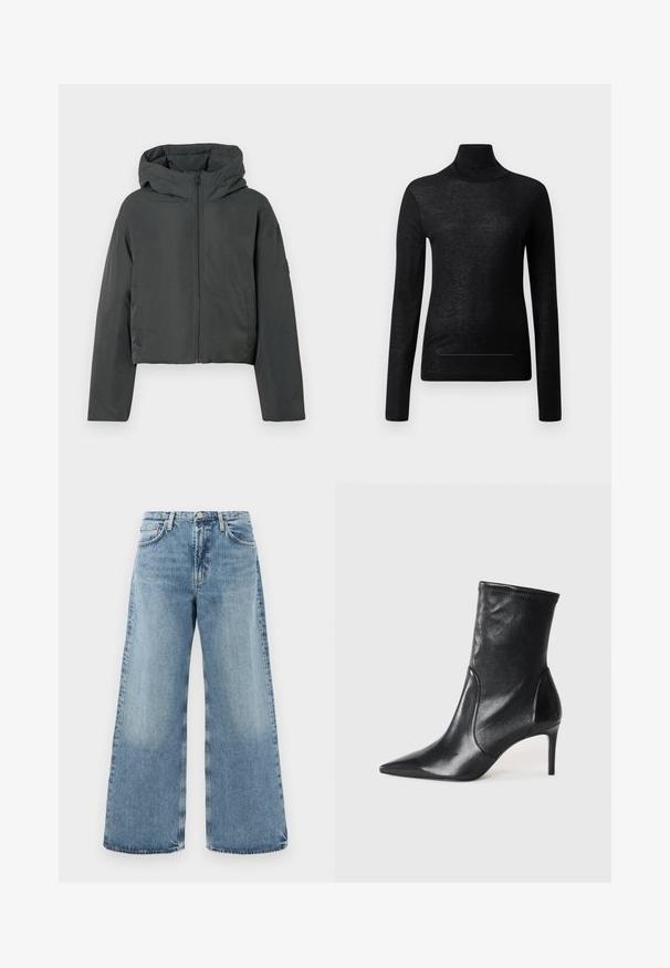 Veste en duvet courte gris anthracite avec capuche, fermeture éclair avant et manches longues, présentée sur un fond blanc.; Haut noir à manches longues et col roulé en tissu léger, avec une coupe ajustée et des détails de couture minimaux, idéal pour le superposition.; Jean large en denim bleu clair avec taille haute, design traditionnel à cinq poches, coutures visibles et finition à bord brut.; Bottes noires à la cheville en cuir lisse, dotées d'un bout pointu, d'un tige ajustée et d'un talon haut fin. Design minimaliste sans quincaillerie visible.