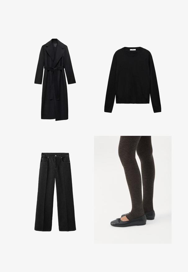 Manteau long en mélange de laine noir avec une taille ceinturée, des revers larges et des manches longues. Présente un design épuré et minimaliste avec une silhouette décontractée.; Pull noir à manches longues en matière douce avec un col rond et des poignets côtelés, présentant un design simple et droit.; Pantalons en denim noir à jambes larges avec une fermeture à bouton, des poches avant et un tissu texturé. Conçus pour un ajustement ample.; Jambes portant des leggings côtelés foncés associés à des ballerines noires avec de petits détails en nœud sur fond blanc.