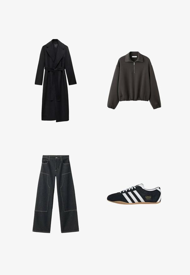 Manteau long en mélange de laine noir avec une taille ceinturée, des revers larges et des manches longues. Présente un design épuré et minimaliste avec une silhouette décontractée.; Sweat-shirt à col montant gris foncé, avec une courte fermeture éclair à l'avant et un ourlet élastiqué. Tissu doux avec une coupe décontractée et ample.; Pantalons en denim bleu marine à jambes larges avec de grandes poches avant et des coutures beige contrastantes. Présente une fermeture à bouton et des passants de ceinture.; Sneakers en suede noir avec trois bandes blanches, logo doré et semelle en caoutchouc marron. Présente un design à lacets à profil bas.