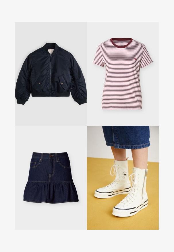 Veste bomber bleu marine avec fermeture éclair frontale, deux poches à rabat inclinées avec boutons, col, poignets et ourlet côtelés, posée à plat.; T-shirt à manches courtes et col rond, avec des rayures horizontales blanches et rouge foncé, et un petit logo Levi's rouge sur le côté gauche de la poitrine.; Mini-jupe en denim bleu foncé avec ourlet à volants, fermeture à boutons et zip sur le devant, ainsi que deux poches avant avec passants de ceinture.; Baskets montantes blanches avec une fermeture éclair, un design à lacets et des accents de rayures noires sur une semelle épaisse. Matériau en toile texturée.