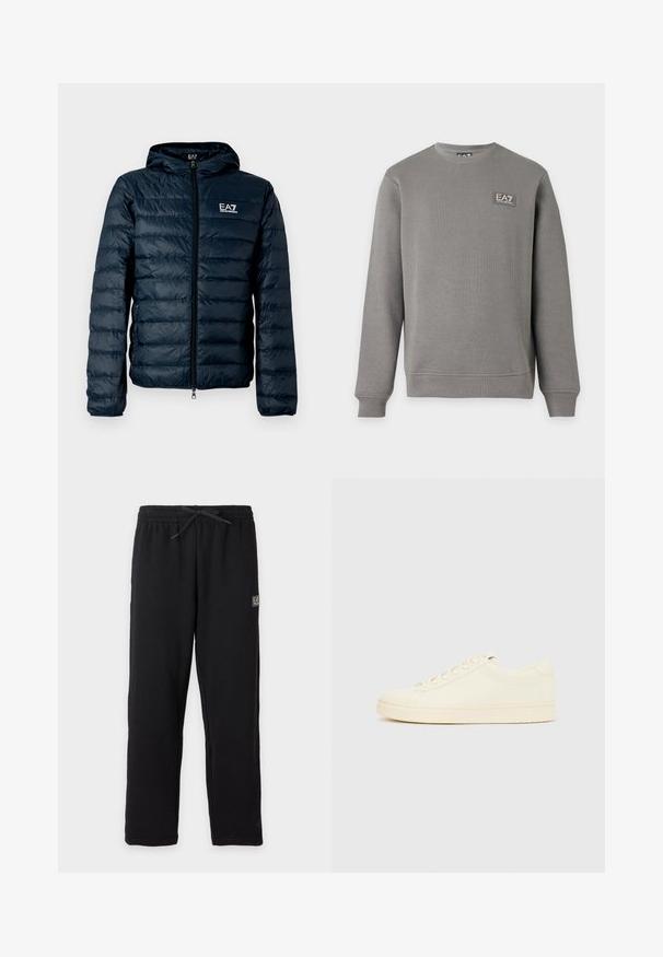 Doudoune matelassée bleu marine avec capuche, fermeture éclair à l'avant et logo EA7 sur la poitrine. Caractérisée par une texture lisse et brillante ainsi que des poignets élastiques.; Sweat-shirt gris à manches longues avec col rond, poignets et ourlet côtelés, comportant un petit patch logo EA7 Emporio Armani sur la partie supérieure gauche de la poitrine.; Pantalon de survêtement noir avec taille élastique et cordon, avec un petit patch logo EA7 rectangulaire sur la partie supérieure de la cuisse gauche.; Baskets couleur crème avec une tige en cuir lisse, bout arrondi, laçage à l'avant et semelle en caoutchouc texturée. Design minimaliste, sans logo.