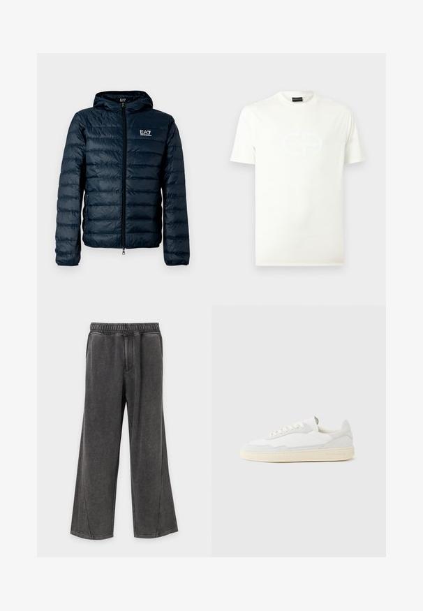 Doudoune matelassée bleu marine avec capuche, fermeture éclair à l'avant et logo EA7 sur la poitrine. Caractérisée par une texture lisse et brillante ainsi que des poignets élastiques.; T-shirt blanc à manches courtes avec col rond, logo en relief ton sur ton discret sur la poitrine et étiquette de marque noire à l'intérieur du col.; Pantalon gris foncé à jambes larges avec ceinture élastique et deux poches latérales, fabriqué en tissu doux et confortable.; Baskets blanches avec dessus en daim et cuir texturé. Caractérisées par un bout arrondi, une fermeture à lacets et une semelle en caoutchouc beige contrastante.