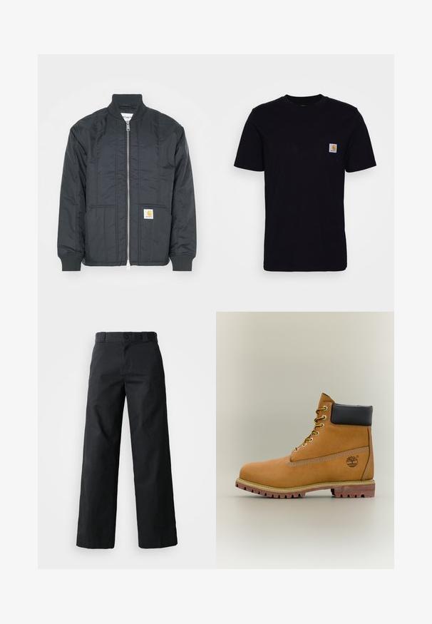 Veste matelassée noire avec fermeture éclair à l'avant, poignets côtelés et col montant. Elle dispose de deux poches latérales et d'un petit patch logo sur la poche.; T-shirt en coton noir à manches courtes, col rond et poche poitrine avec un petit patch logo carré. Design simple et uni.; Pantalon noir à jambes larges en coton. Doté d'une fermeture à bouton, de passants de ceinture et de poches latérales. Texture lisse avec une coupe ajustée.; Bottine en cuir marron avec col noir, lacets jaunes et semelle beige. Présente un logo et des détails de couture blanche. Semelle extérieure à traction robuste.