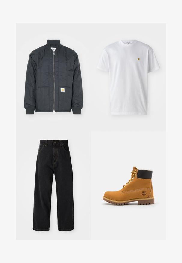 Veste matelassée noire avec fermeture éclair à l'avant, poignets côtelés et col montant. Elle dispose de deux poches latérales et d'un petit patch logo sur la poche.; T-shirt en coton blanc à manches courtes, col rond, avec un petit logo doré sur la poitrine gauche. Texture douce et coupe régulière.; Jeans en denim noirs à coupe large avec taille haute, bouton avant, fermeture éclair et surpiqûres jaunes sur les poches et les coutures.; Bottine en cuir brun avec œillets en métal, doublure en fourrure blanche, col rembourré noir, semelle robuste et logo en relief sur le côté.