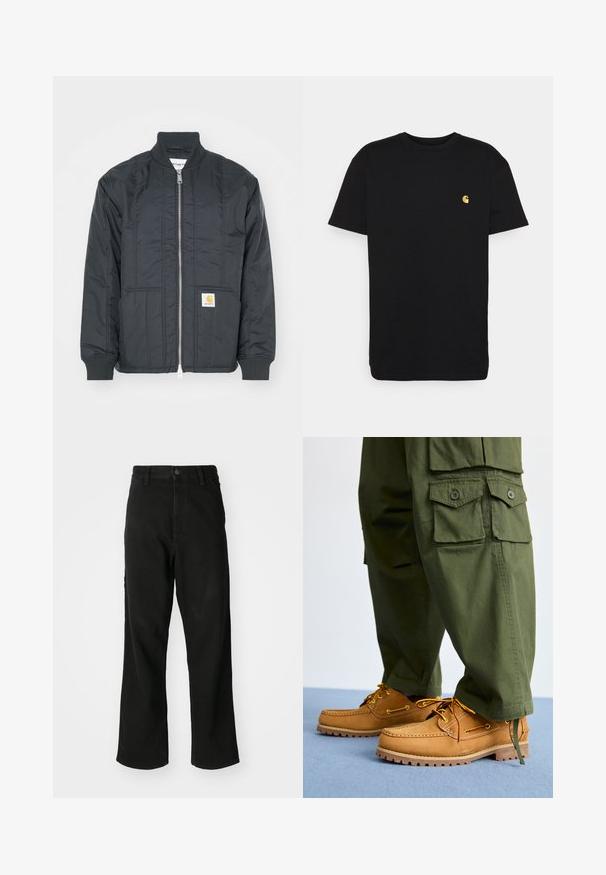 Veste matelassée noire avec fermeture éclair à l'avant, poignets côtelés et col montant. Elle dispose de deux poches latérales et d'un petit patch logo sur la poche.; T-shirt en coton noir à manches courtes, col rond, avec un petit logo jaune sur la partie gauche de la poitrine. Design simple et coupe régulière.; Jean noir à jambe droite avec fermeture à boutons, passant de ceinture et poches avant sur un fond blanc uni.; Timberland AUTHENTIC 3 EYE - Chaussures bateau - wheat