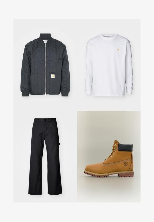 Veste matelassée noire avec fermeture éclair à l'avant, poignets côtelés et col montant. Elle dispose de deux poches latérales et d'un petit patch logo sur la poche.; T-shirt à manches longues blanc en coton. Présente un petit logo doré sur la poitrine et un col rond. Design simple et coupe standard.; Pantalons larges noirs en tissu durable. Fermeture à bouton et poches latérales. Texture lisse avec un design épuré.; Bottine en cuir marron avec col noir, lacets jaunes et semelle beige. Présente un logo et des détails de couture blanche. Semelle extérieure à traction robuste.