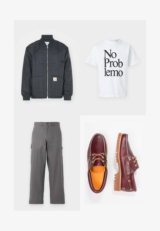 Veste matelassée noire avec fermeture éclair à l'avant, poignets côtelés et col montant. Elle dispose de deux poches latérales et d'un petit patch logo sur la poche.; T-shirt en coton blanc avec du texte noir disant "No Problemo" dans différentes tailles de police. Design classique à col rond avec des manches courtes.; Pantalons cargo gris avec une coupe droite, fabriqués en tissu durable. Comprend des poches latérales et une fermeture à bouton à la taille.; Chaussures en cuir bourgogne avec semelles en caoutchouc marron, bout rond, couture blanche et œillets dorés. L'intérieur présente une doublure jaune.