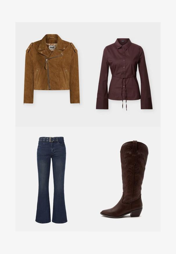 Veste courte de motard en daim marron avec fermeture éclair asymétrique, col à revers, poches zippées et épaulettes ornées d'étoiles.; Chemise marron foncé à manches longues avec boutons, col, taille à cordon et larges poignets, présentée sur un fond neutre.; Jean évasé taille haute bleu foncé avec poches avant et ceinture assortie dotée d'œillets métalliques et d'une boucle rectangulaire.; Botte de cowboy haute en cuir marron avec des coutures détaillées, un bout pointu et un talon bloc sur un fond clair uni.