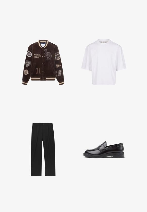 Veste varsity en velours côtelé marron avec des rayures crème contrastantes, plusieurs patchs et texte brodé. Comprend des boutons-pression et deux poches latérales.; T-shirt blanc à manches courtes avec un col rond et une coupe décontractée, fabriqué à partir d'un tissu en coton mélangé doux. Aucun motif ni embellissement.; Pantalons noirs au design droit, fabriqués à partir d'un tissu lisse. Dotés de plis sur le devant et d'une fermeture à un bouton à la taille.; Loafer en cuir noir avec un petit talon rainuré, bout rond, accents de couture décoratifs et un détail de sangle à l'avant. Texture lisse.