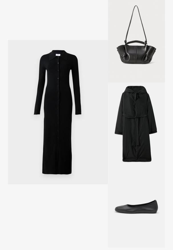 Abrigo largo negro acolchado con capucha, cierre con lazo y mangas amplias. Textura suave con cintura ceñida y dobladillo recto.; Vestido negro de manga larga acanalado con cuello tipo camisa, que presenta una botonadura frontal completa y una silueta ajustada.; Bailarina de piel negra con punta redondeada, textura suave, detalle de costura minimalista y diseño de suela flexible.; Bolso de piel negra con un acabado texturizado, suaves pliegues, asas dobles y un detalle de mango trenzado. Compacto, con un diseño de parte superior abierta.