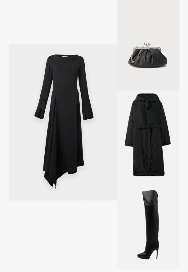 Abrigo largo negro acolchado con capucha, cierre con lazo y mangas amplias. Textura suave con cintura ceñida y dobladillo recto.; Vestido negro de manga larga con escote recto, dobladillo asimétrico y tejido suave y fluido. Presenta un diseño minimalista.; Bota de cuero negra hasta la rodilla con puntera puntiaguda y tacón alto de aguja sobre fondo blanco.; Clutch de cuero negro con textura arrugada, marco de metal en tono plateado, cierre de beso y cadena para colgar. Superficie suave y lisa.