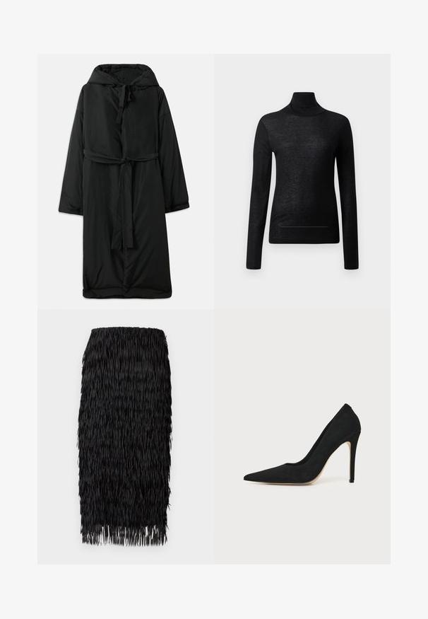 Lang sort polstret frakke med hætte, bindelukning og brede ærmer. Glat tekstur med indsnævret talje og lige kant.; Sort langærmet turtle neck top lavet af letvægtsstof, med en tætsiddende design og minimale sømdetaljer, velegnet til lagdeling.; Sort frynsekjol lavet af lagdelt, tekstureret stof. Har elastik i taljen og lige kant, hvilket skaber et dristigt og dynamisk udseende.; Sort højhælet stiletpump med spids tå og glat tekstur, vist fra siden på en ensfarvet lys baggrund.