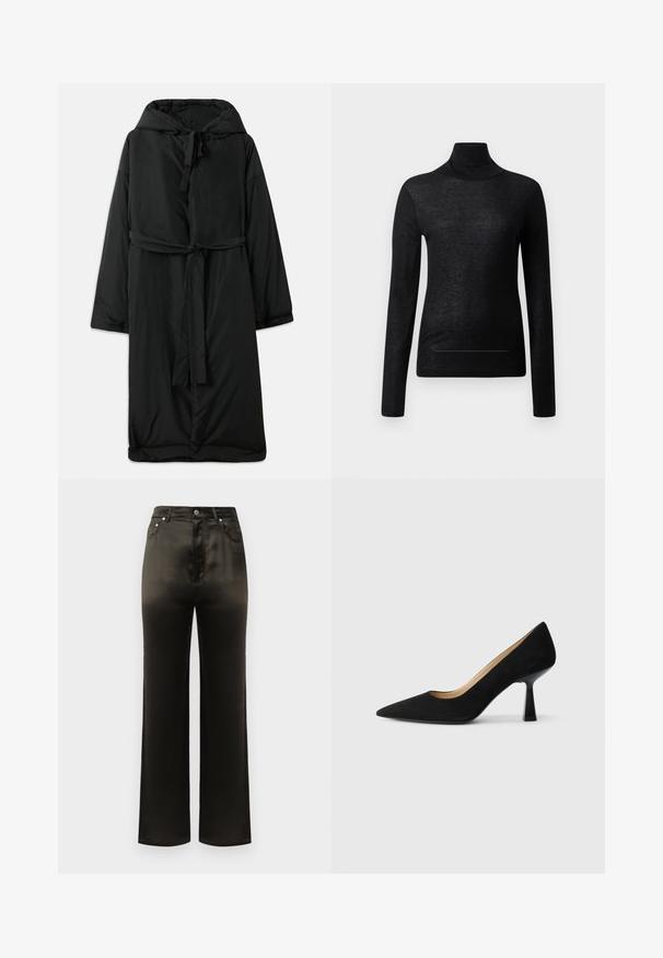Abrigo largo negro acolchado con capucha, cierre con lazo y mangas amplias. Textura suave con cintura ceñida y dobladillo recto.; Top negro de manga larga y cuello alto, fabricado en tejido ligero, con un diseño ajustado y detalles de costura mínimos, ideal para superponer.; Pantalones negros de satén de pierna ancha con cintura alta, con bolsillos frontales y acentos de botones de metal. Textura suave y diseño elegante.; Zapato de tacón alto de ante negro con punta afilada, que cuenta con un tacón de bloque negro brillante y un forro interior suave.
