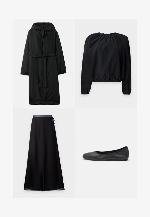 Abrigo largo negro acolchado con capucha, cierre con lazo y mangas amplias. Textura suave con cintura ceñida y dobladillo recto.; Blusa negra corta con mangas largas y abullonadas. Fabricada en tejido ligero, presenta un escote fruncido y un dobladillo elástico para un ajuste ceñido.; Falda negra con un diseño fluido, presenta un color sólido, una textura suave y una cintura en azul contraste con un detalle de lazo.; Bailarina de piel negra con punta redondeada, textura suave, detalle de costura minimalista y diseño de suela flexible.