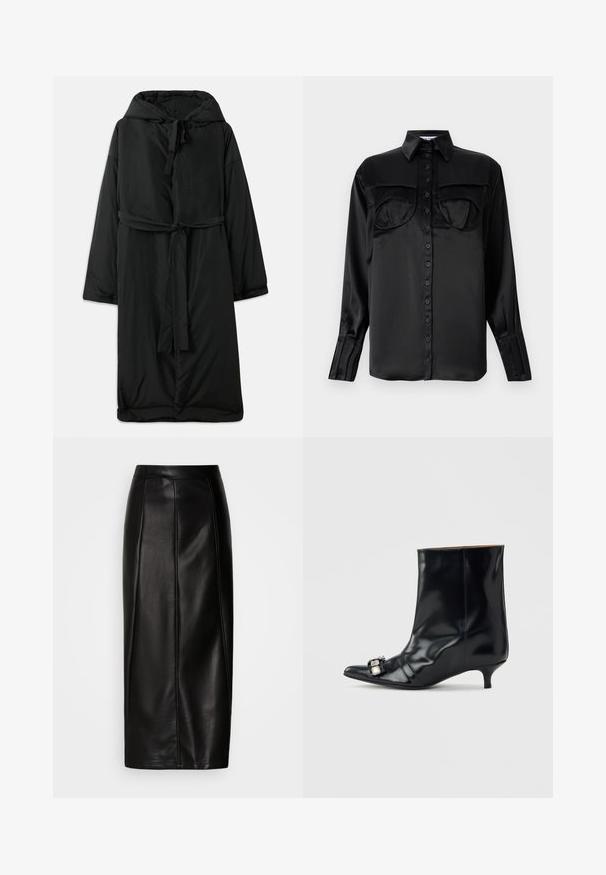 Langer schwarzer gepolsterter Mantel mit Kapuze, Bindegürtel und weiten Ärmeln. Glatte Textur mit tailliertem Schnitt und geradem Saum.; Schwarze Satin-Hemdbluse mit langen Ärmeln, zwei Brusttaschen, spitzem Kragen und Ein-Knopf-Manschettendetail. Glatte Textur.; Schwarzer Midirock aus Leder mit taillierter Passform, glatter Textur, sichtbaren Nahtdetails und geradem Schnitt. Keine Verzierungen vorhanden.; Schwarzer Leder-Stiefelette mit spitzem Zehen, niedrigem Kitten-Heel und dekorativer silberner Schnalle seitlich nahe der Zehen.
