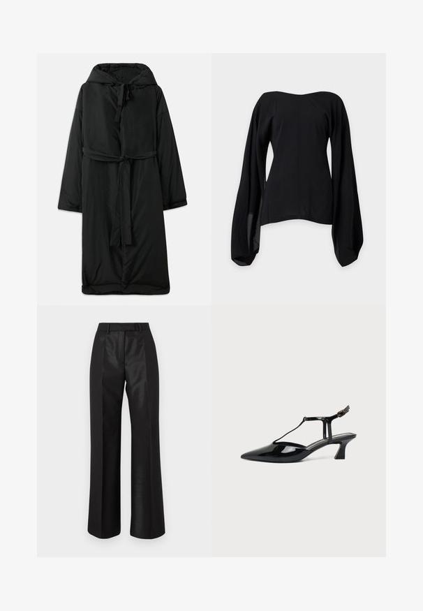 Abrigo largo negro acolchado con capucha, cierre con lazo y mangas amplias. Textura suave con cintura ceñida y dobladillo recto.; Blusa negra sin hombros con mangas largas anchas y fluidas y cintura ajustada, mostrada sobre un fondo liso gris claro.; Pantalones negros de pierna ancha con una textura suave, frente plano, trabillas para cinturón y paneles laterales de satén contrastantes.; Zapato slingback de cuero charol negro con punta fina, tira en T y tacón bajo en bloque inclinado sobre fondo blanco.