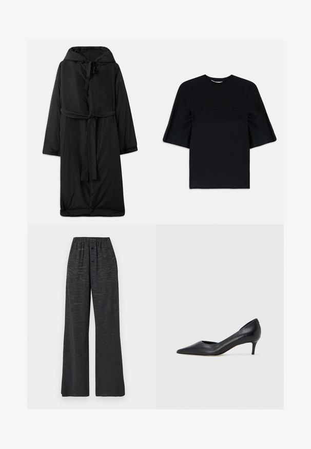 Lang sort polstret frakke med hætte, bindelukning og brede ærmer. Glat tekstur med indsnævret talje og lige kant.; Sort kortærmet top med brede, udbredte ærmer og rund udskæring, præsenteret på en hvid baggrund.; Sorte bukser med vide ben, elastisk talje, to forreste knapper og et subtilt mønster af tekst over det hele.; Sort læderpumpe med spids tå og lav hæl. Har en glat tekstur og subtil glans. Åben udskæring foran for ekstra detalje.