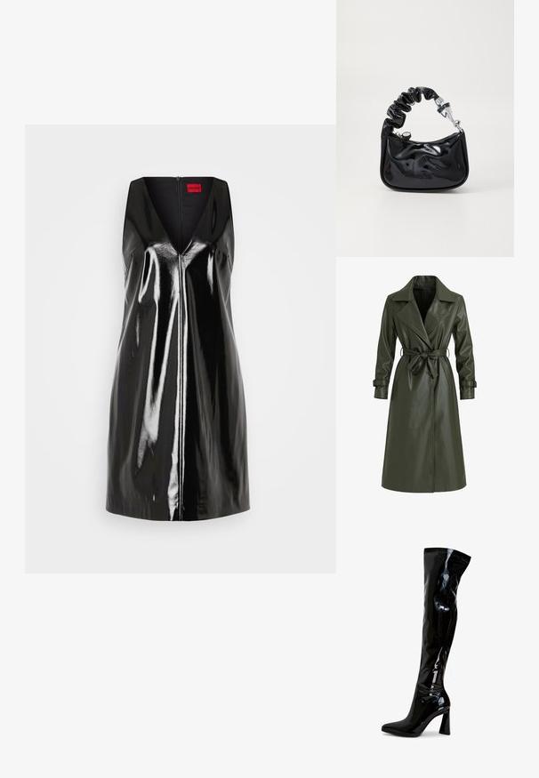 Olivgroene lange trenchcoat van glanzend vinyl. Voorzien van een reverskraag, dubbele knopenrij en een tailleceintuur voor aanpassing.; Zwarte mouwloze jurk met een V-hals en glanzende, reflecterende afwerking; heeft een centrale ritssluiting en een minimalistisch design.; Zwarte laarzen van lakleer die tot over de knie reiken, met een puntige neus, een blokhak en een glad, glanzend oppervlak. Zonder zichtbare hardware.; Zwarte, glanzende handtas van patenten materiaal met een gerimpelde handgreep, zilverkleurige hardware, ronde vorm, ritssluiting en een gladde, glanzende textuur.