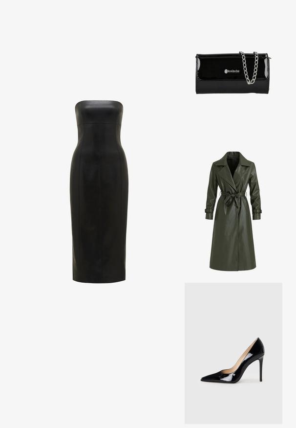 Olivgroene lange trenchcoat van glanzend vinyl. Voorzien van een reverskraag, dubbele knopenrij en een tailleceintuur voor aanpassing.; Zwarte, strapless leren jurk met een getailleerde silhoutte, knie-lang, gladde textuur en verticale naden voor definitie.; Zwarte lakleren hoge hakpumps met een puntige neus en een slanke silhouet. Heeft een gladde, glanzende afwerking en een slanke stilettohak.; Zwarte gepatenteerde neplederen clutch met een zilveren kettingstrap, voorzien van een flap sluiting en logo detail aan de voorkant. Rechthoekige vorm.