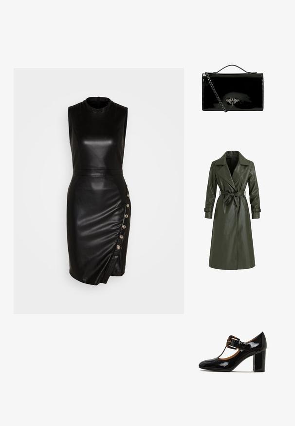 Olivgrüner, langer Trenchcoat aus glänzendem Vinyl. Verfügt über einen Reverskragen, doppelreihige Knöpfe und einen Taillengürtel zur Anpassung.; Schwarzes, ärmelloses Lederkleid mit hohem Kragen, taillierter Silhouette, asymmetrischem Saum und dekorativen Knöpfen entlang der Seitennaht.; Schwarzer Lackleder-Highheel-Schuh mit runder Zehenpartie, T-Riemen-Design und einer Akzent-Schnalle aus Schildpatt auf dem Obermaterial. Blockabsatz.; Schwarze Lacklederhandtasche mit Kettenriemen, ausgestattet mit einem dekorativen metallenen Bienenemblem auf der Vorderseite. Rechteckige Form mit glänzender Oberfläche.