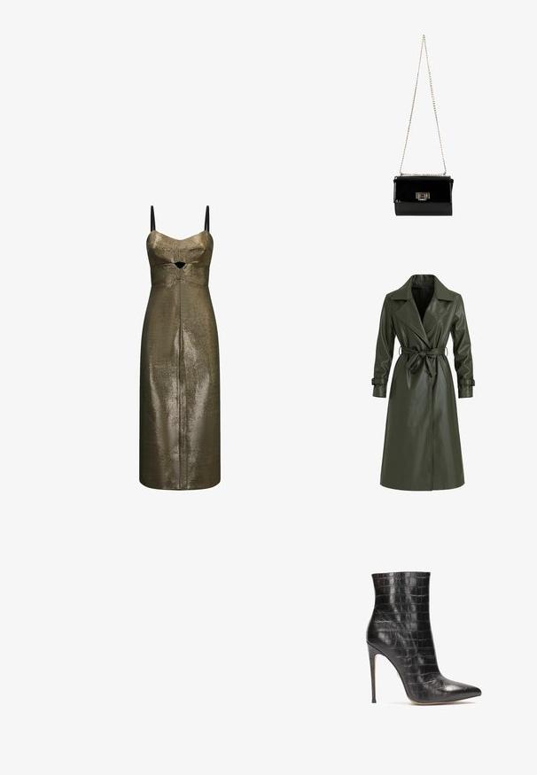 Olivgroene lange trenchcoat van glanzend vinyl. Voorzien van een reverskraag, dubbele knopenrij en een tailleceintuur voor aanpassing.; Metallic bronzen midi-jurk met dunne zwarte bandjes en een kleine frontale uitsnede onder de buste in een gestructureerde stof.; Zwarte leren enkelboots met een krokodillenstructuur, puntige neus en een hoge stilettohak, met een glanzende afwerking.; Zwarte gepatineerde leren handtas met een gouden schouderband, rechthoekige vorm, voorzien van een flapsluiting aan de voorkant en een metallic logo accent.