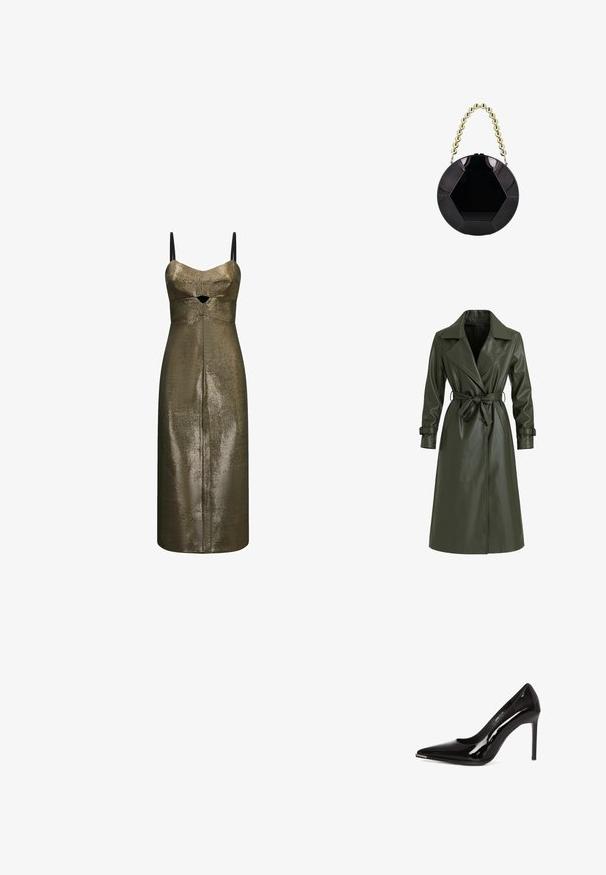 Olivgroene lange trenchcoat van glanzend vinyl. Voorzien van een reverskraag, dubbele knopenrij en een tailleceintuur voor aanpassing.; Metallic bronzen midi-jurk met dunne zwarte bandjes en een kleine frontale uitsnede onder de buste in een gestructureerde stof.; Zwarte lakleren hoge hakkenpumps met een spitse neus en een metallic accent op de neuuskap. Heeft een slank ontwerp en een gladde textuur.; Glanzende zwarte ronde handtas met hexagonaal patroon en korte handgreep gemaakt van grote gouden kralen.