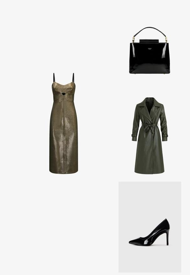 Olivgroene lange trenchcoat van glanzend vinyl. Voorzien van een reverskraag, dubbele knopenrij en een tailleceintuur voor aanpassing.; Metallic bronzen midi-jurk met dunne zwarte bandjes en een kleine frontale uitsnede onder de buste in een gestructureerde stof.; Zwarte lakleren hoge hak schoen met spitse neus, gepresenteerd tegen een plain witte achtergrond.; Zwarte gepatenteerde leren handtas met een gestructureerd ontwerp, voorzien van een bovenhandvat, gouden hardwareaccenten en een kleine klep aan de voorkant.
