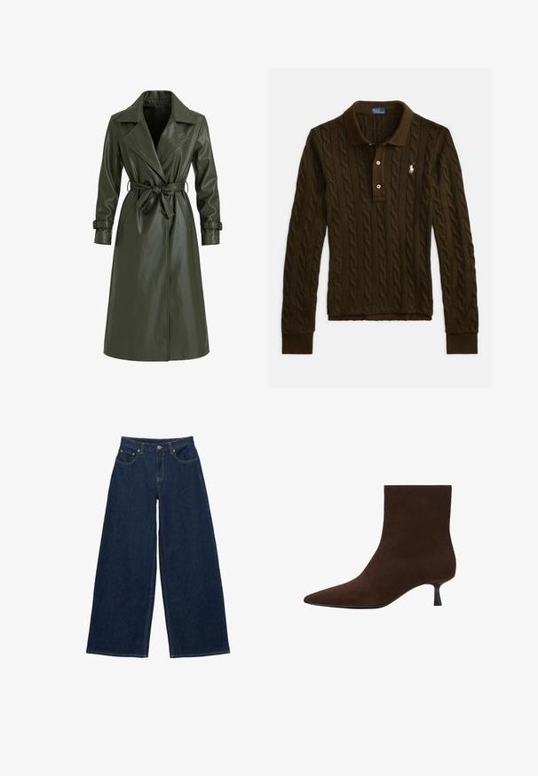 Olivengrøn, lang trenchcoat lavet af blank vinyl. Har en reverskrave, dobbeltradede knapper og et bælte i taljen til justering.; Mørkebrun, kabelstrikket langærmet polo med knapper, ribstrikkede manchetter, krave og hvidt broderet logo på venstre bryst.; Mørkeblå vidde-jeans i denim med forlommer, bæltestropper og knaplukning i taljen, vist fladt mod en hvid baggrund.; Brun ruskindsankelstøvle med spids tå og en slank lav hæl. Glat overflade, sømløst design og diskret silhuet.