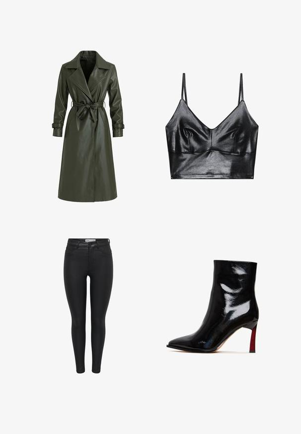 Olivgroene lange trenchcoat van glanzend vinyl. Voorzien van een reverskraag, dubbele knopenrij en een tailleceintuur voor aanpassing.; Zwarte, glanzende bralette met dunne verstelbare bandjes, met een V-halslijn, een gladde textuur en subtiele plooitjes bij de buste voor vorm.; Zwarte skinny jeans met een gladde denimtextuur, een gemiddelde taillehoogte, vijf zakken en een knoopsluiting aan de voorkant.; Zwarte enkellaars van lakleer met een spitse neus en een rood accent op de naaldhak. Glad oppervlak en strak design.