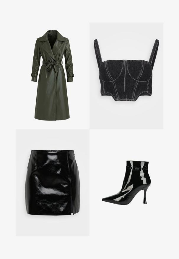 Olivgroene lange trenchcoat van glanzend vinyl. Voorzien van een reverskraag, dubbele knopenrij en een tailleceintuur voor aanpassing.; Zwarte denim cropped top met dunne bandjes, voorzien van witte stiksels, gestructureerde corsage en gebogen naden. Glad textuur en aansluitend ontwerp.; Zwarte mini-skirt gemaakt van glanzend materiaal. Heeft een zijrits en een split aan de rechterzijde voor extra detail en ontwerp. Gladde textuur.; Zwarte gepatineerde leren enkelboot met puntige neus, glanzende afwerking, slank ontwerp en een smalle stilettohak. Decoratieve riemaccenten.