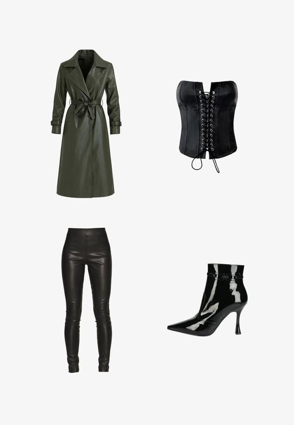 Olivgroene lange trenchcoat van glanzend vinyl. Voorzien van een reverskraag, dubbele knopenrij en een tailleceintuur voor aanpassing.; Zwarte satijnen korset met een gestructureerde vorm, vetersluiting aan de voorkant met zilverkleurige ringen en een gladde afwerking. Heeft een rechte, strapless halslijn.; Zwarte leren legging met een hoge taille, slim fit, een gladde textuur en zonder zichtbare naden of hardware details.; Zwarte gepatineerde leren enkelboot met puntige neus, glanzende afwerking, slank ontwerp en een smalle stilettohak. Decoratieve riemaccenten.