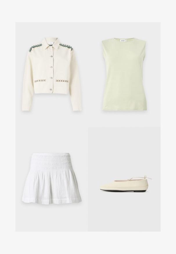 Veste courte en crème en denim, avec des finitions vertes et des coutures décoratives en doré et noir le long des poches et des épaules.; Débardeur vert clair sans manches avec un col rond. Confectionné dans un tissu doux, il présente une texture lisse et un design minimaliste.; Mini-jupe en coton blanc avec taille élastiquée smockée et ourlet évasé froncé sur fond uni.; Des chaussures plates de couleur crème avec un bout arrondi, une sangle à la cheville et une semelle en caoutchouc noir contrastante. Matériau lisse avec un detailing minimal.