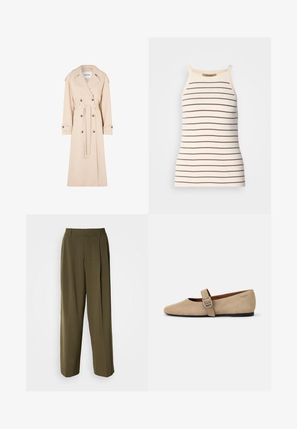 Trench-coat beige à double boutonnage, grand col et ceinture en tissu. Doté de boutons dorés et d'accents aux manches. Texture lisse.; Débardeur côtelé en crème avec des rayures horizontales marron. Doté de bretelles larges et d'une silhouette ajustée. Étiquette visible au niveau de l'encolure.; Pantalons à jambes larges vert olive en tissu lisse, dotés d'une taille haute, de plis sur le devant et de poches latérales pour plus de fonctionnalité.; Ballerines en daim beige de style Mary Jane avec un bout pointu et une seule sangle réglable dotée d'une boucle en métal argenté. Semelle plate noire.